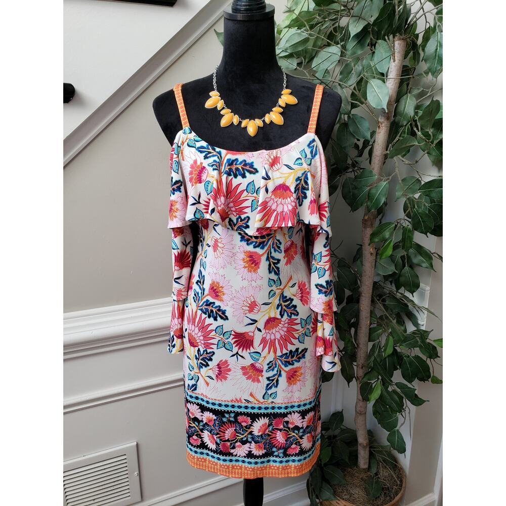 Nicole Miller Shift Dress Womens 8 White Floral Adjustable Strap Cold Shoulder